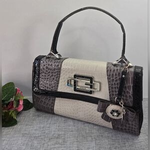 G‎ By Guess Faux Leather Handbag Crocodile Pattern, Grey Beige